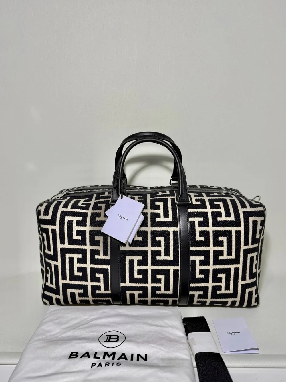 Balmain Black & Cream Logo Jacquard Duffel Bag